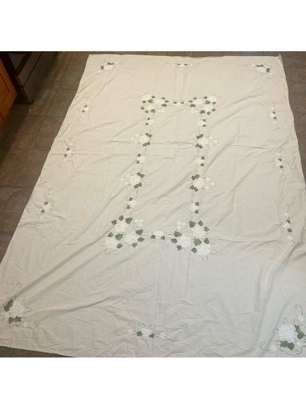 Vintage Large Floral Hand Embroidered Appliqué Tablecloth Cotton Farmhouse